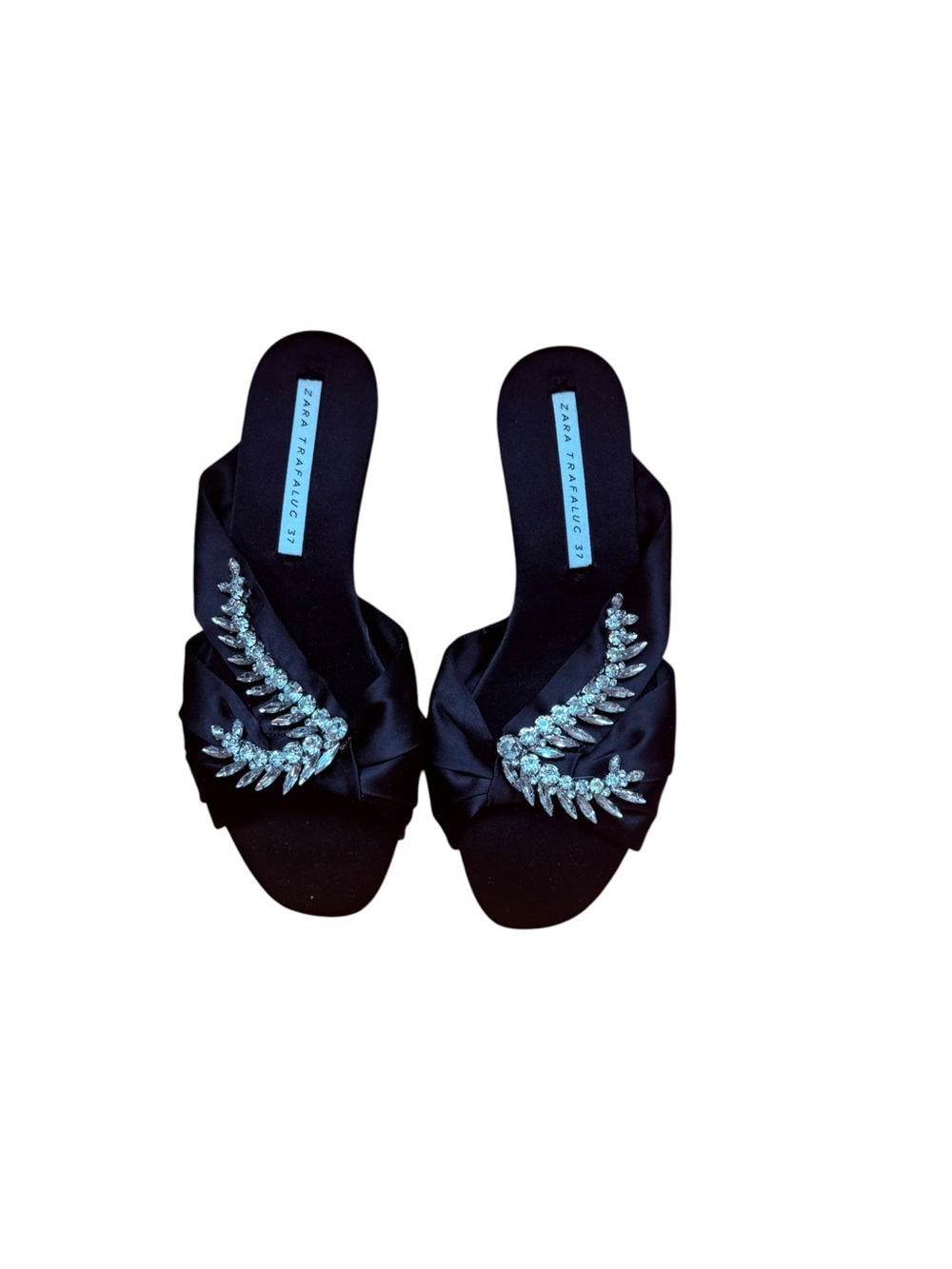 NWOT- Zara Black Satin Slide Mules with Crystal Leaf Embellishment